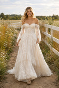 Ivory Off-the-Shoulder Lace Corset A-Line Wedding Dress with Detachable Sleeves and Train front view
