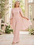 Blush Mother Jumpsuit with Jewel Neck Flowing Cape Sleeves and Straight Leg Pants front view