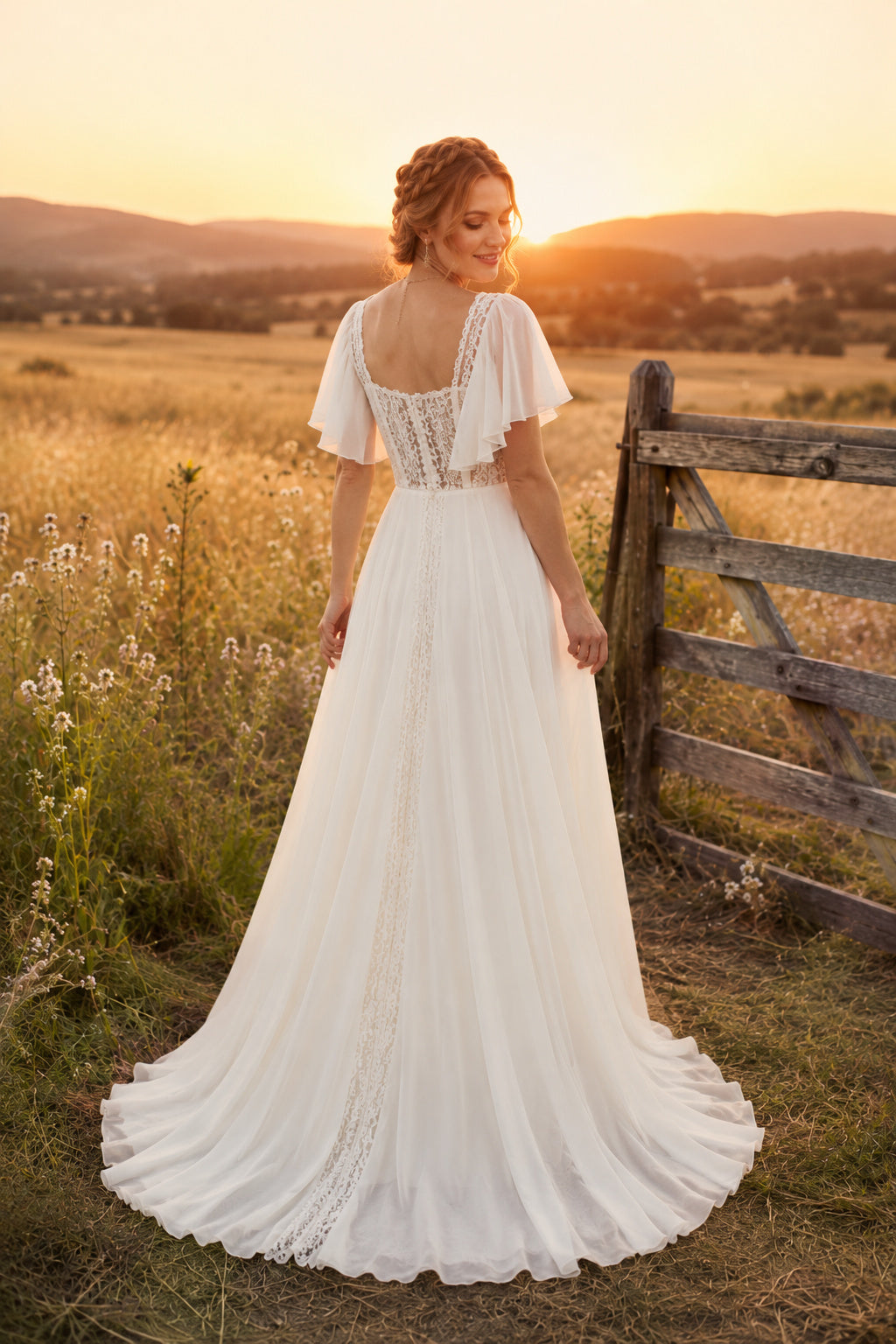 Square Neck Flutter Sleeve A-Line Wedding Dress with Soft Chiffon Skirt and Train back view