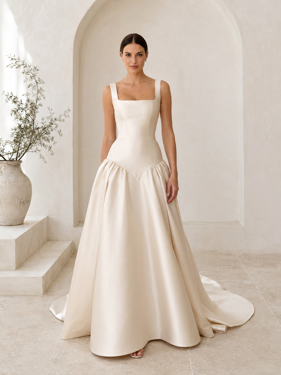 Square Neck Wide Strap Satin Ball Bridal Gown front view