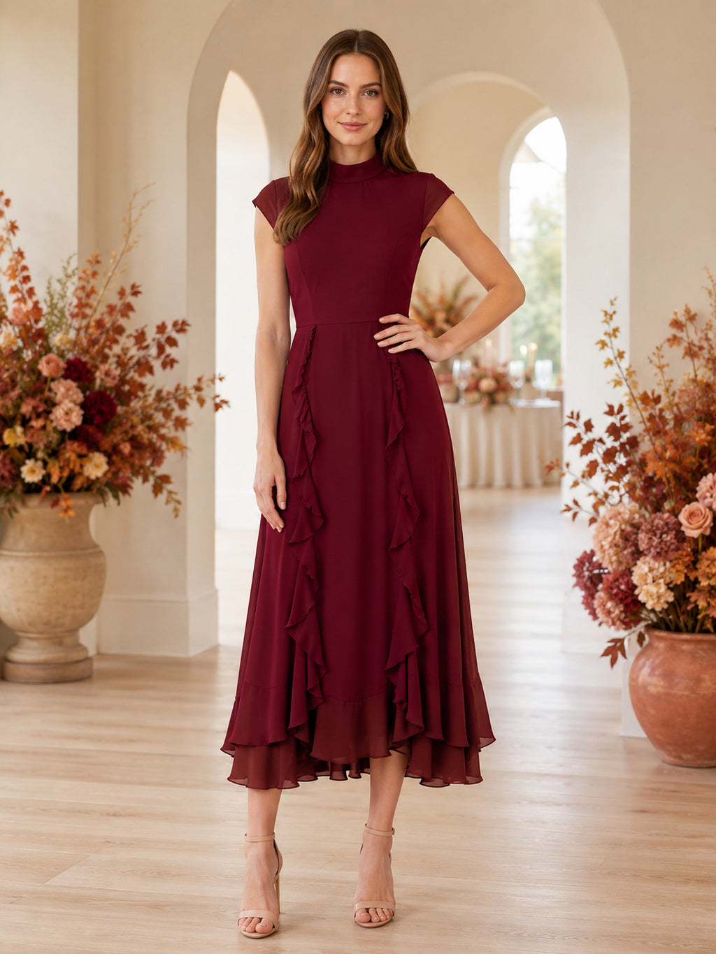 Burgundy High Neck Cap Sleeve Ruffle High-Low Wedding Guest Dress front view
