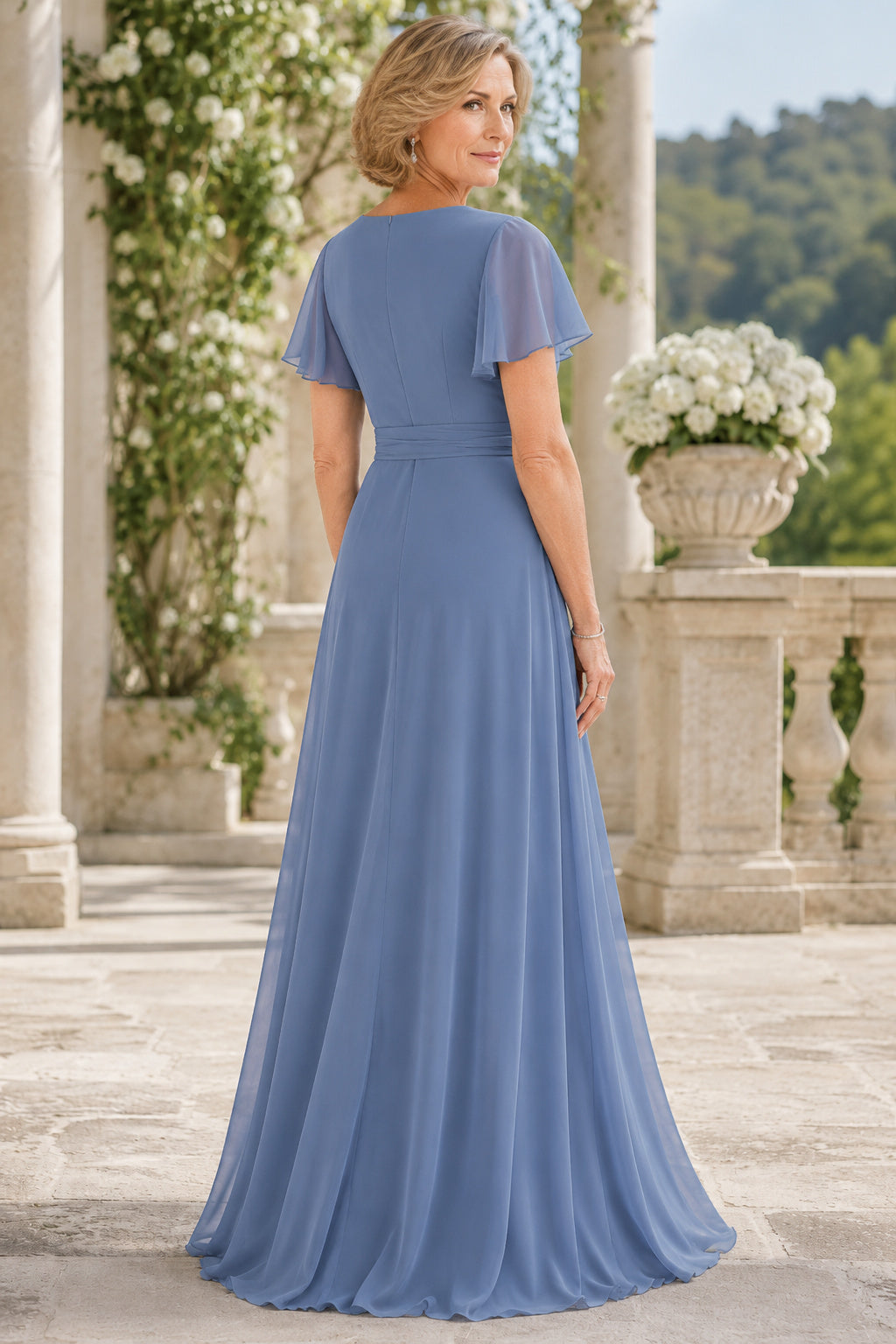 Steel Blue V-Neck Wrap A-Line Mother Dress with Short Sleeves and Side Bow back view