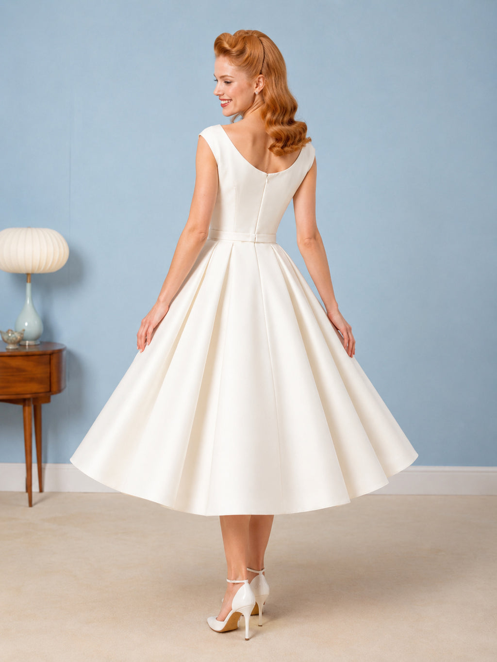 1950s Vintage Bateau Cap Sleeve Satin A-Line Tea-Length Civil Wedding Dress back view