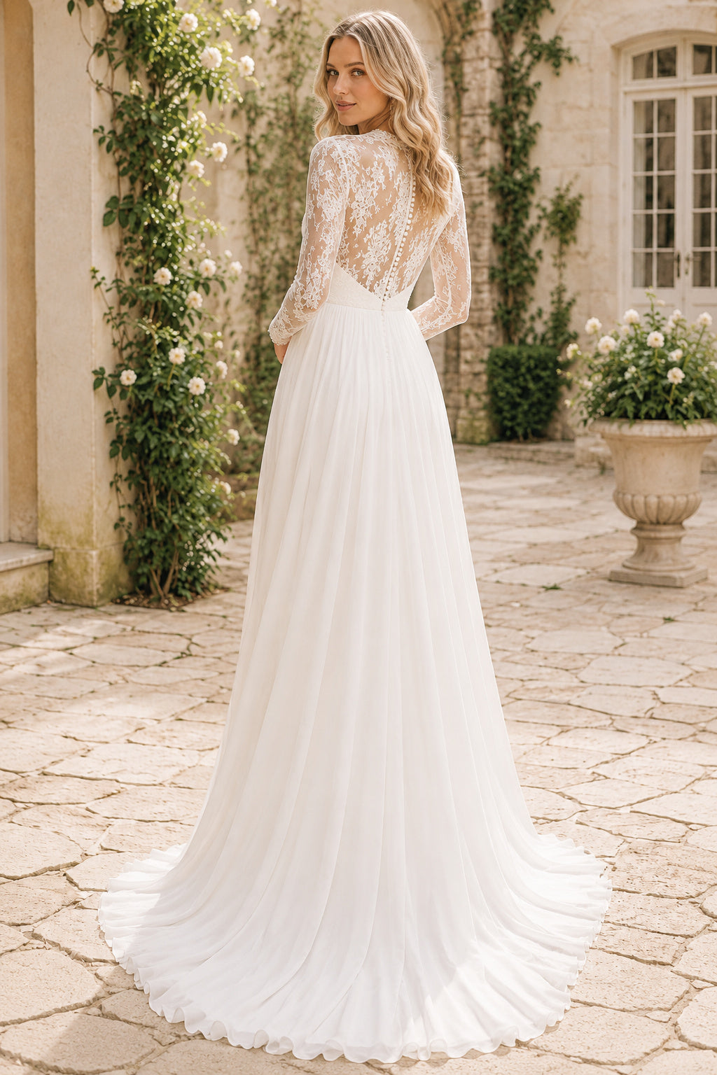 Ivory Modest High Neck A-Line Chiffon Lace Wedding Dress with Long Lace Sleeves and Sweep Train back view