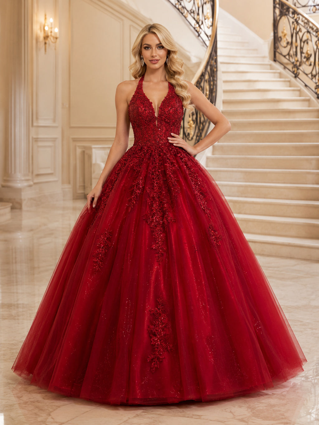 Red Luxury Halter V Neck Beaded Glitter Tulle Sweet Sixteen Princess Ball Gown front view