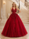Red Luxury Halter V Neck Beaded Glitter Tulle Sweet Sixteen Princess Ball Gown front view