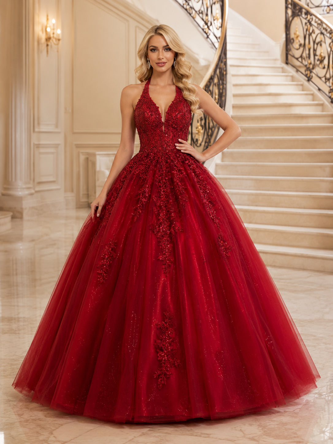 Red Luxury Halter V Neck Beaded Glitter Tulle Sweet Sixteen Princess Ball Gown front view