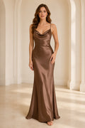 Brown Spaghetti Strap Satin Cowl Neck Sheath Dress with Low Back front view