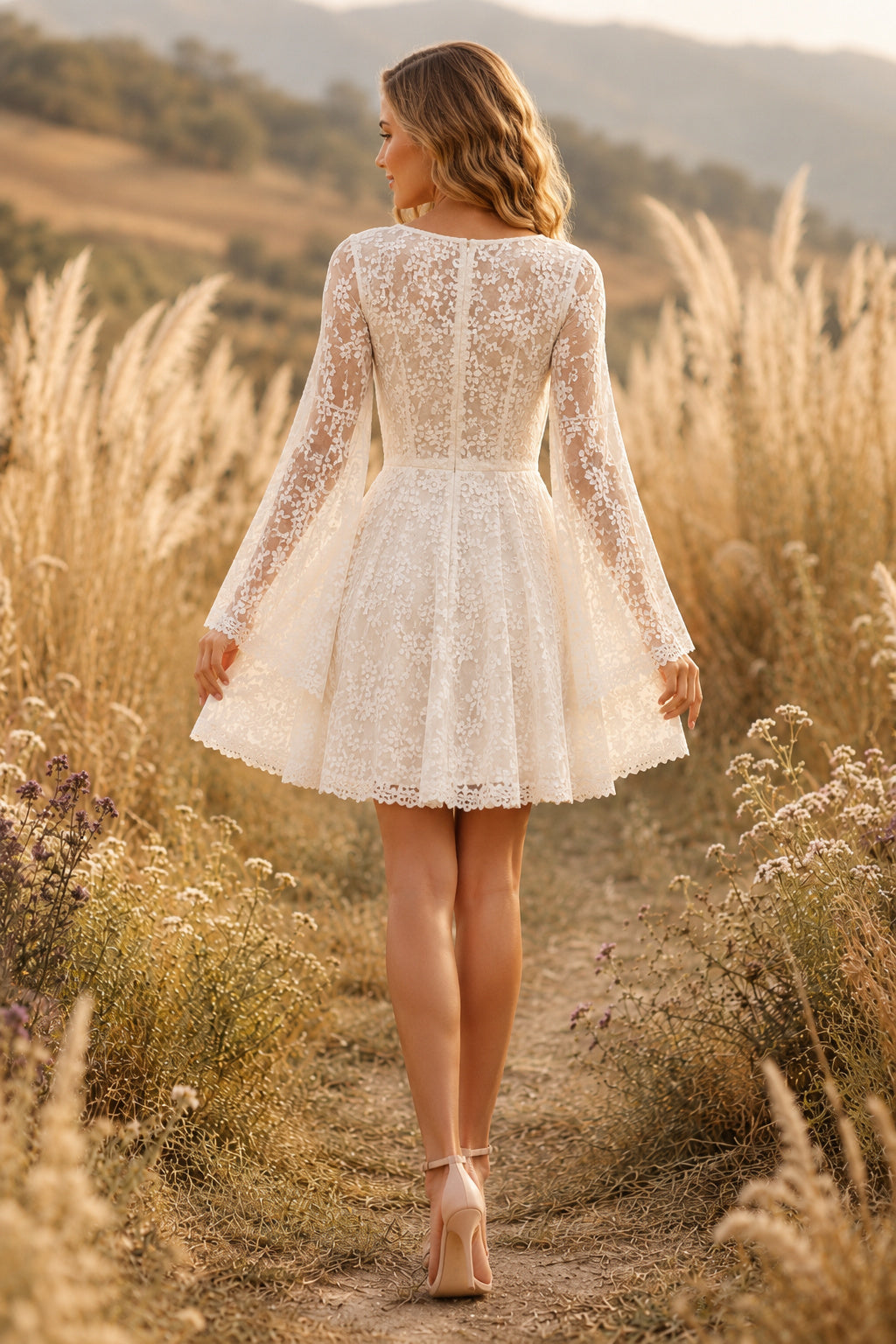 Ivory Long Sleeve Lace Mini Wedding Dress with V-Neckline and Full A-Line Skirt for Country Reception back view