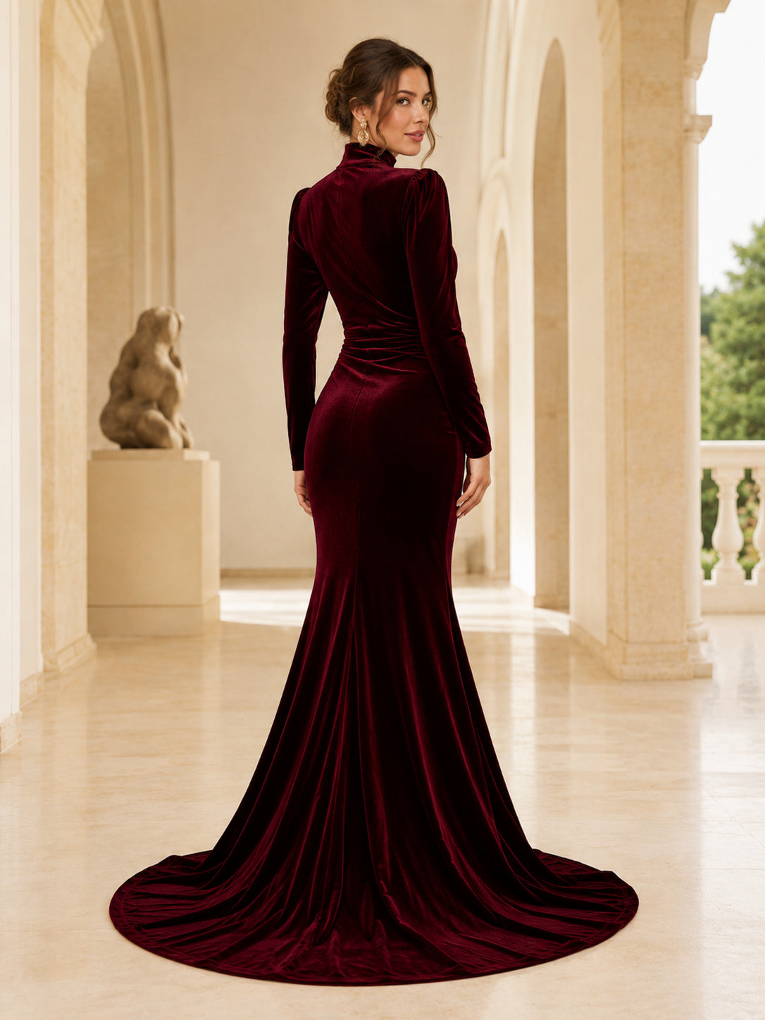 Burgundy High Neck Long Sleeve Velvet Mermaid Court Guest Dress back view