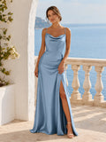 Steel Blue Coastal Sheath Satin Bridesmaid Dress with Sleeveless Cowl Neck Spaghetti Strap Bodice, Ruched Split Floor-Length