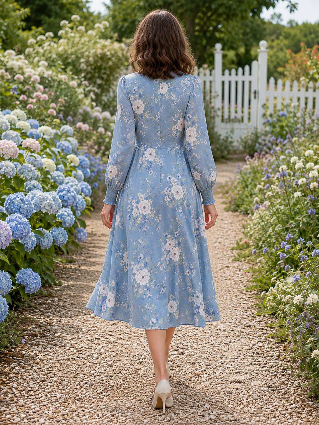 Blue Floral Long Sleeve Modest Garden Party Midi Dress back view
