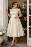 Ivory Cap Sleeve A-Line Lace Tea-Length Dress With Scalloped Hem