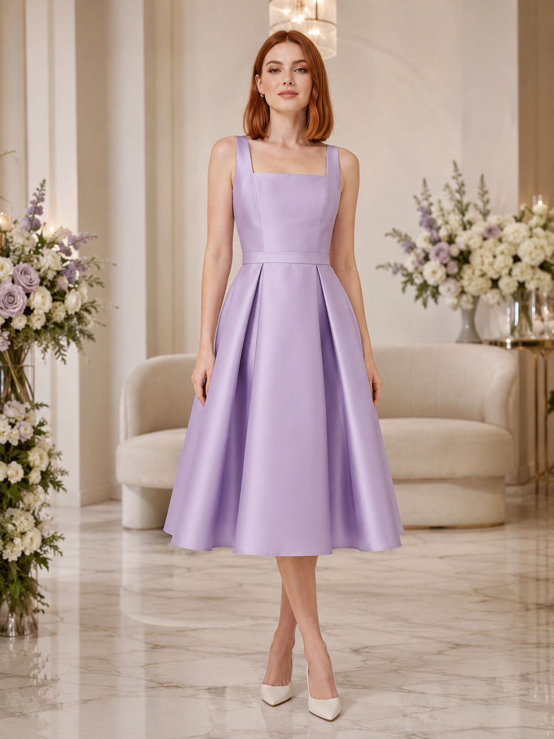 Lavender Square Neck Straps Pleated Satin Tea Length Wedding Dress front view