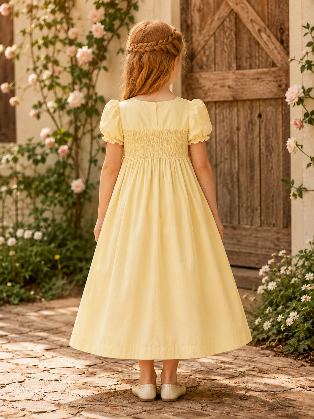 Flower Girl Dress Daffodil Chiffon A-Line Short Sleeve Scoop Neck Tea Length Floral Applique back view