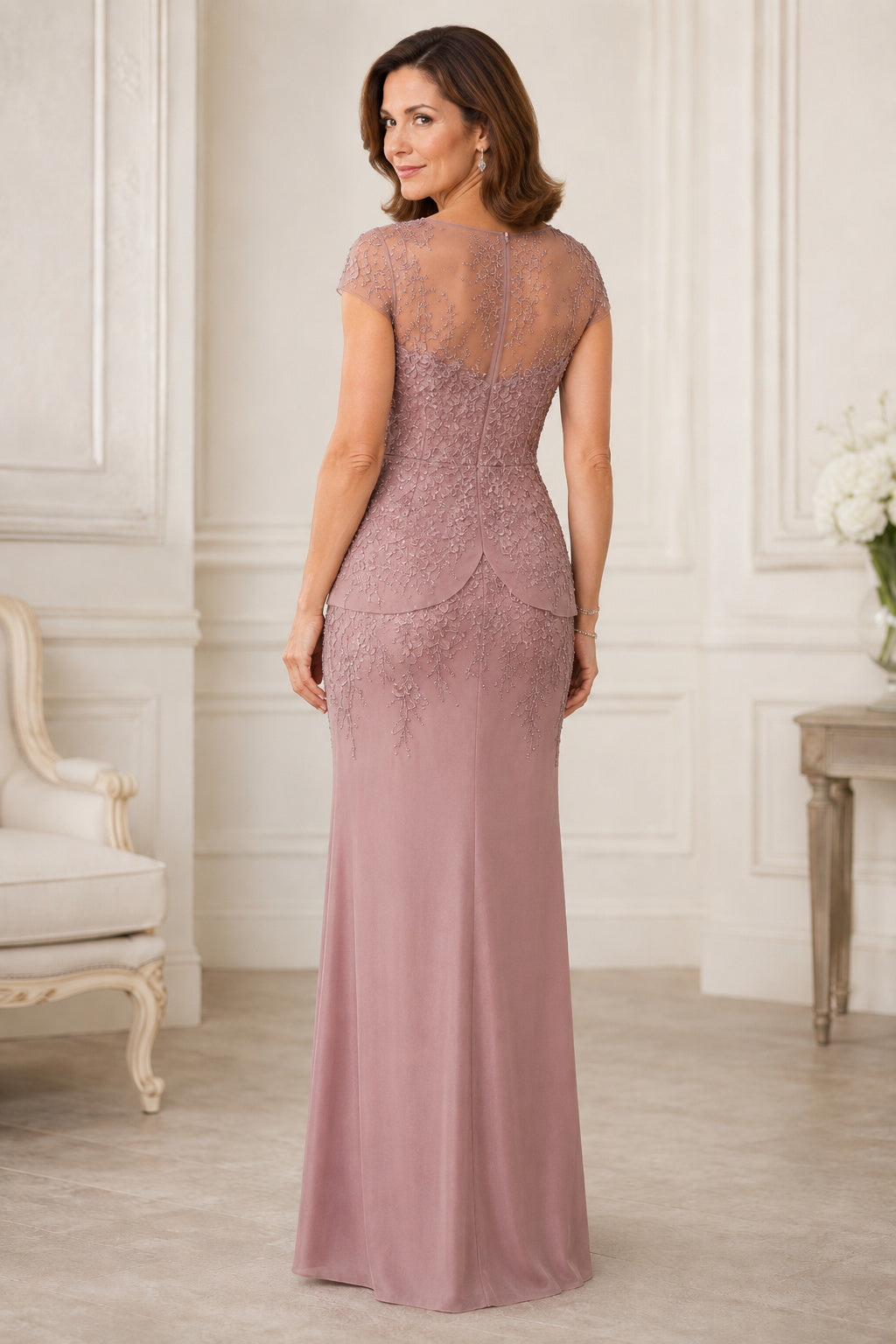 Dusty Rose Cap Sleeve Lace Sheath Mother Dress with Bateau Neck and Side Drape back view