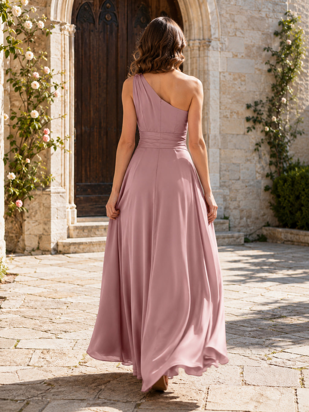 Church Ceremony Formal Dusty Rose Simple Elegant A-Line Chiffon Bridesmaid Dress with One-Shoulder Sleeveless Floor-Length Dr