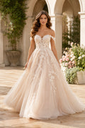 Champagne Strapless Lace Tulle Wedding Ball Gown with Sweetheart Neck and Appliques front view