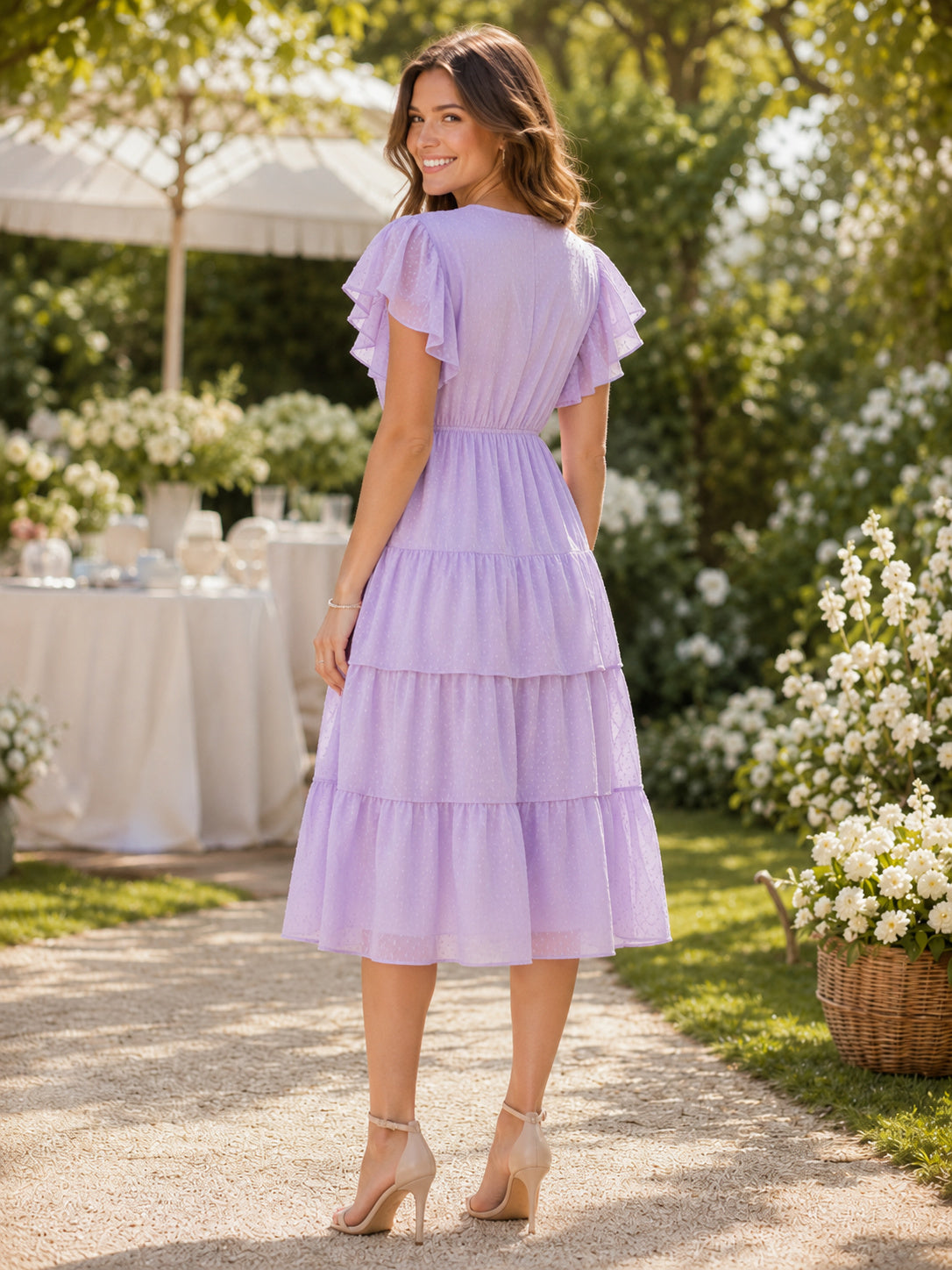 Lavender Maternity V Neck Flutter Sleeve Tiered Chiffon Tea Length Romantic Party Dress back view