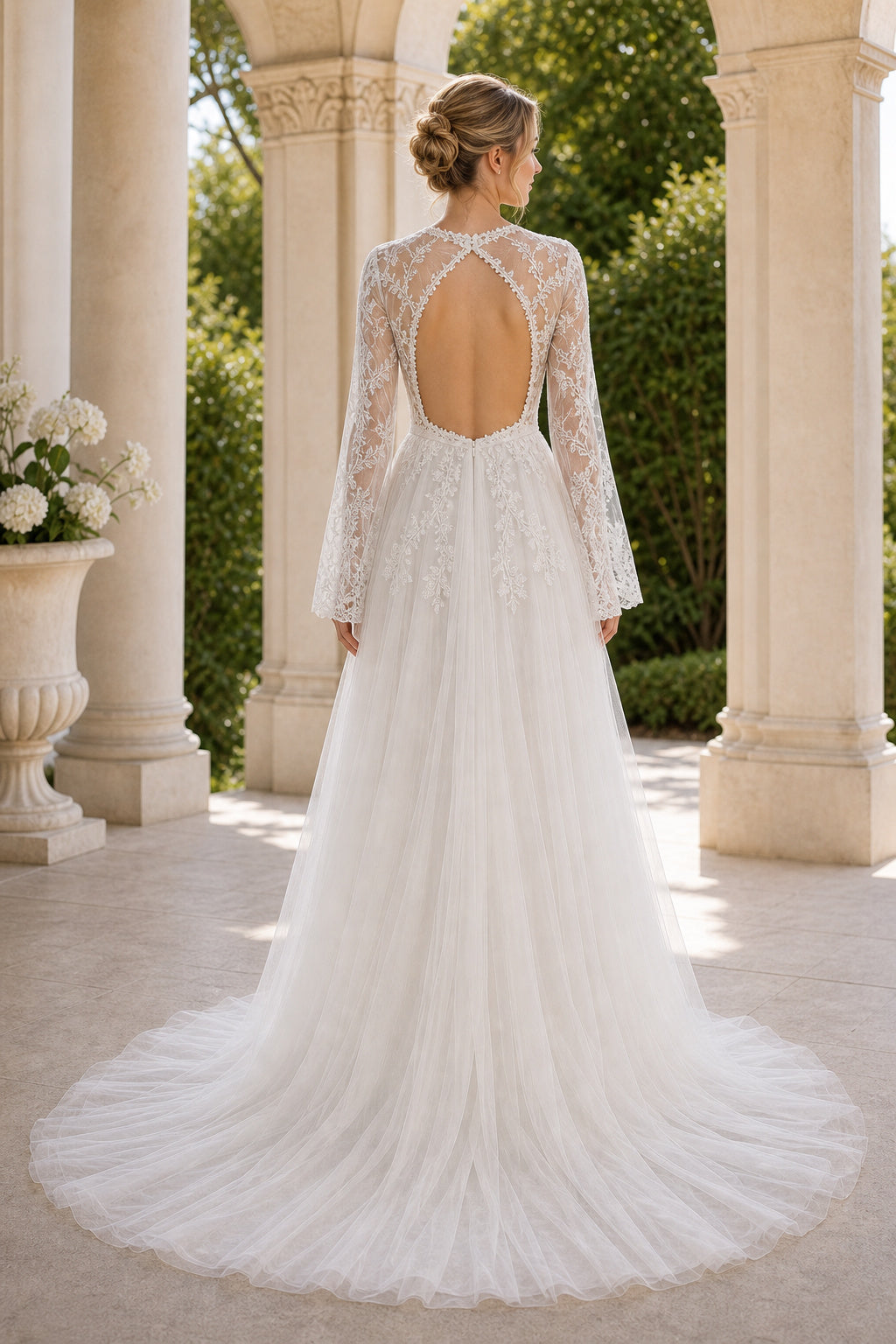 White Square A-Line Chiffon Floor-length Wedding Dress With Sweep Train and Open Back and Open Back