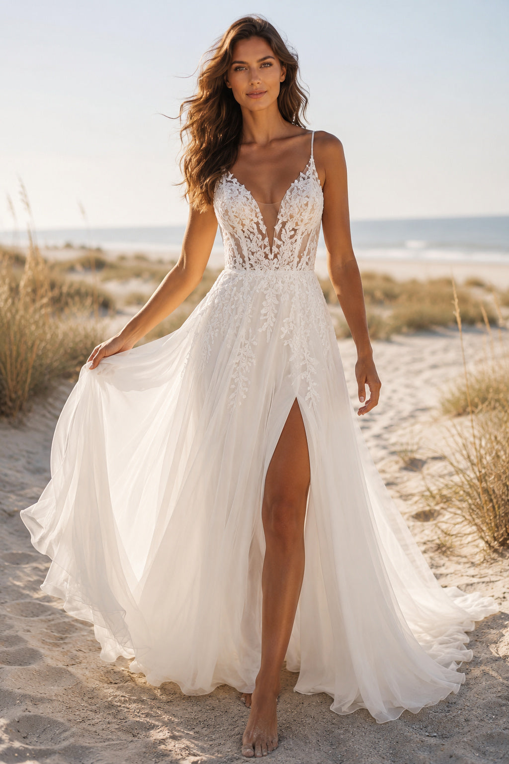 Ivory Sexy Spaghetti Neck A-Line Soft Tulle Wedding Dress with Spaghetti Straps and Sweep Train Style MG_701380 front view