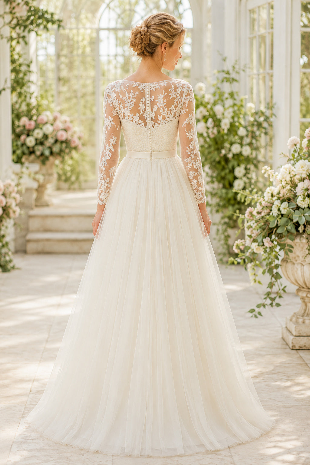 Ivory Long Sleeve Lace A-Line Wedding Dress with Bateau Illusion Neck back view