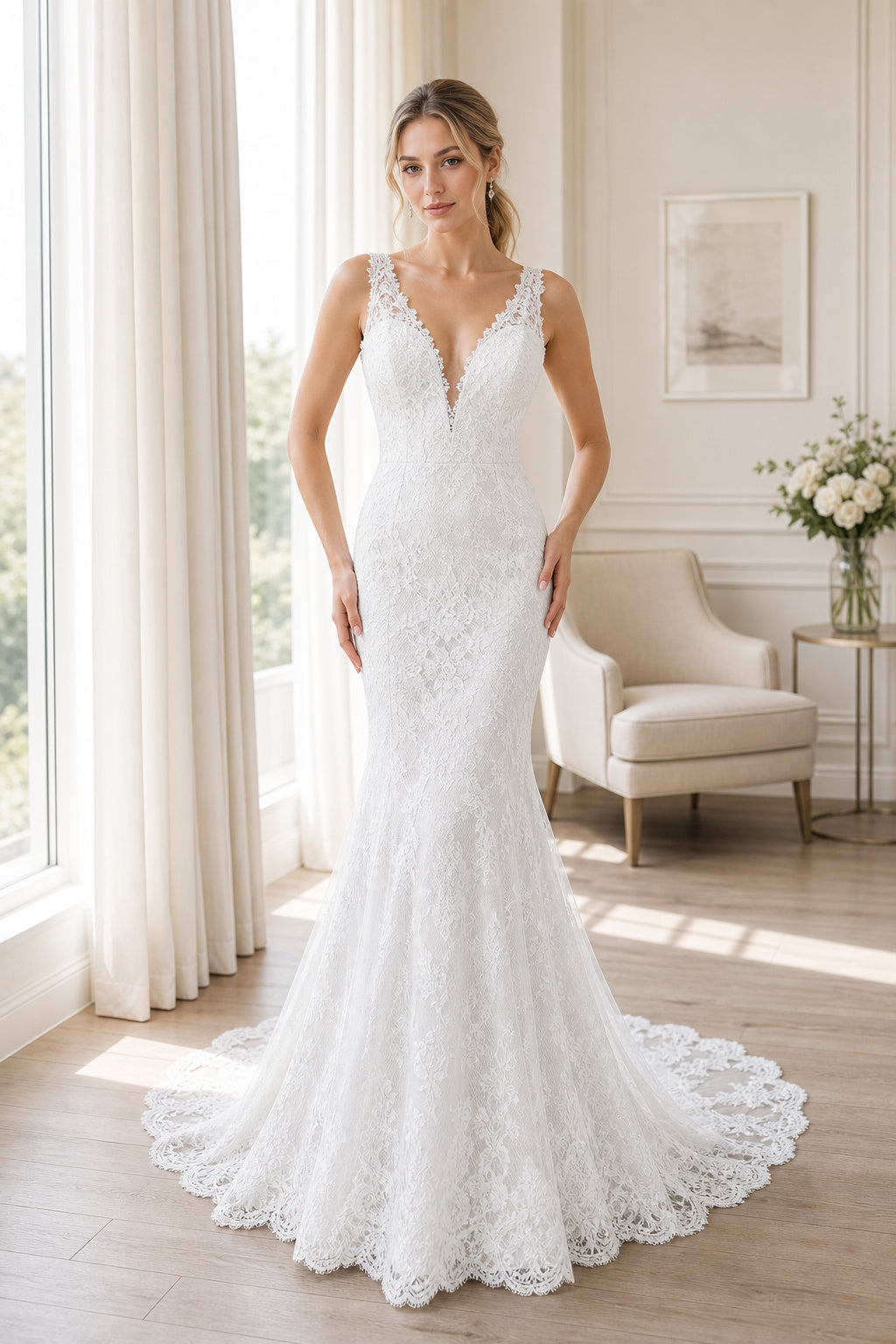 Ivory Square A-Line Chiffon Floor-length Wedding Dress With Floral Appliques and Front Slit and Open Back