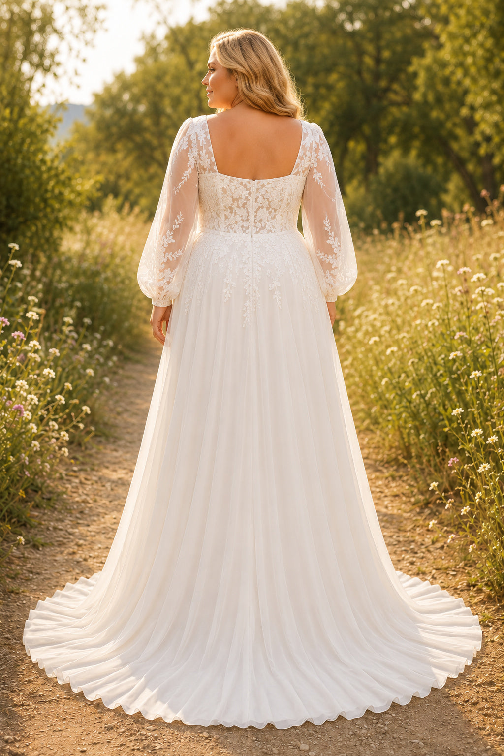 Plus Size Ivory Square Neck Balloon Sleeve Lace Tulle A-Line Wedding Dress with Balloon Sleeves and Chiffon Sweep Train back