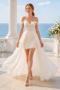 Off Shoulder Lace Mini Wedding Dress Tulle Train front view