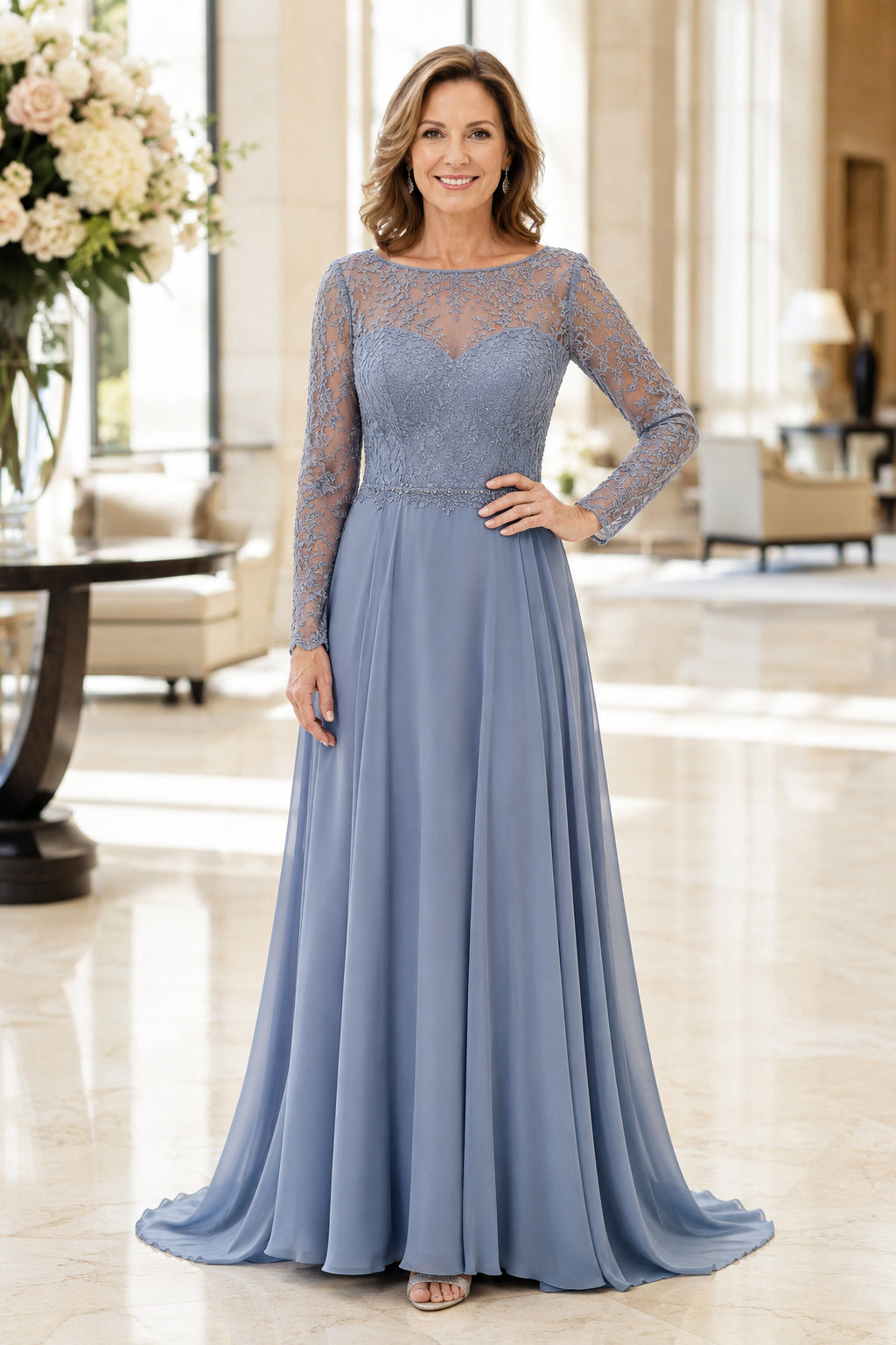 Steel Blue Long Sleeve Chiffon A-Line Mother Dress with Lace Illusion Bodice Style MG_300355 front view