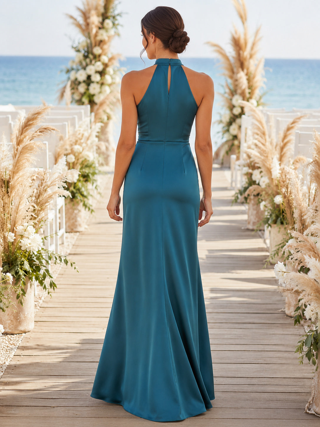 Teal high neck halter satin sheath floor length bridesmaid gown back view