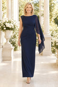 Dark Navy Bateau Sheath Mother Dress with One Sheer Cape Sleeve and Ruched Waist front view