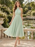 Mint Green Halter Pleated Chiffon Tea Length Guest Dress front view
