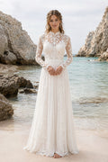 Ivory High Neck Long Sleeve Lace A-Line Wedding Dress Illusion Back for Bridal Ceremony and Reception front view
