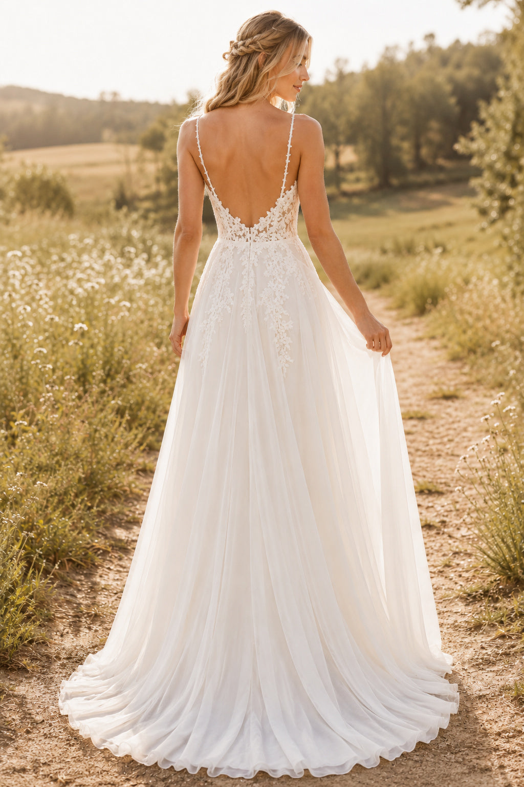 Boho Spaghetti Strap V-Neck A-Line Wedding Dress with Lace Bodice and Soft Train back view