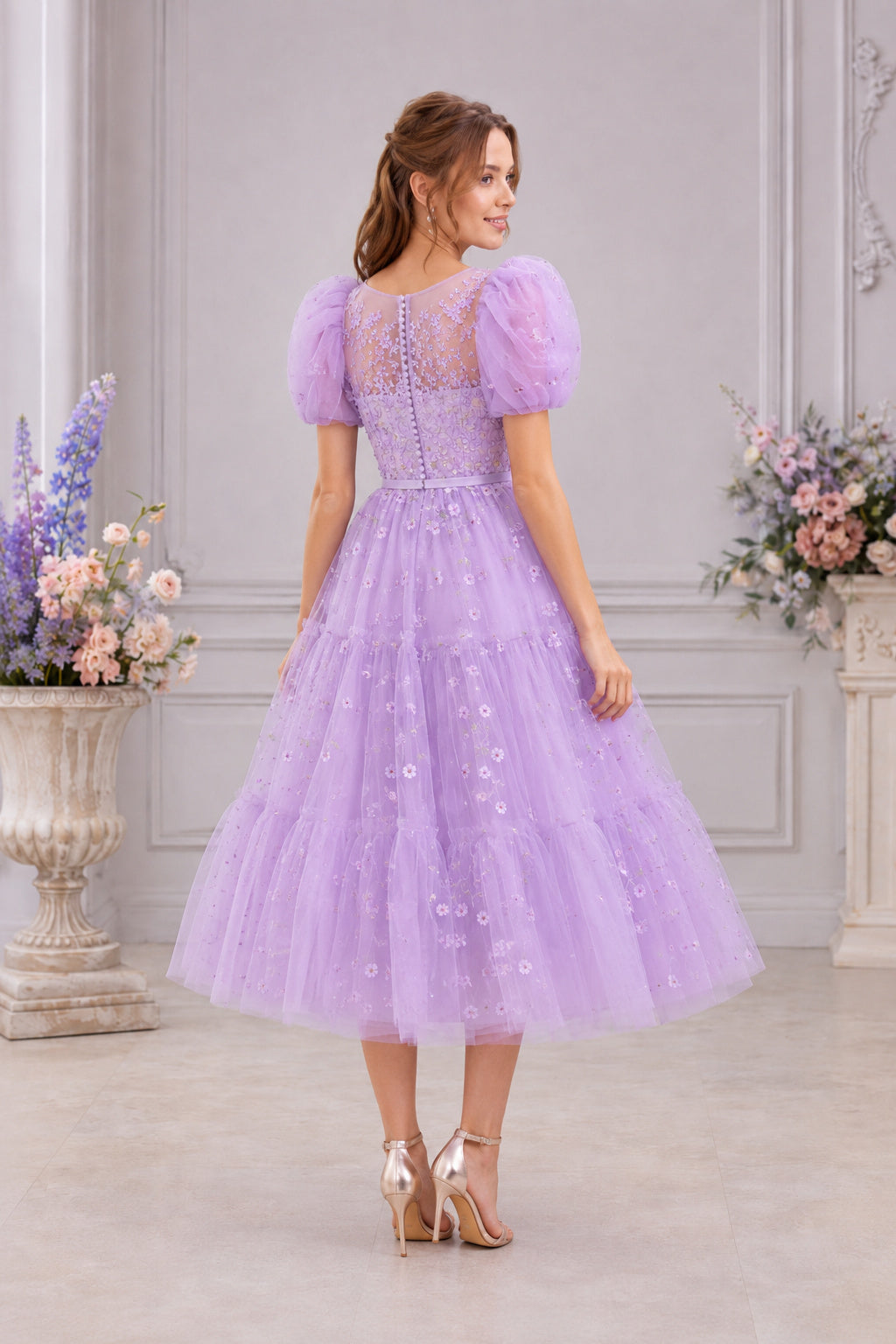 Lavender Puff Sleeve Sparkle Lace Bodice with Tulle Skirt Tea Length A-Line Prom Dress back view