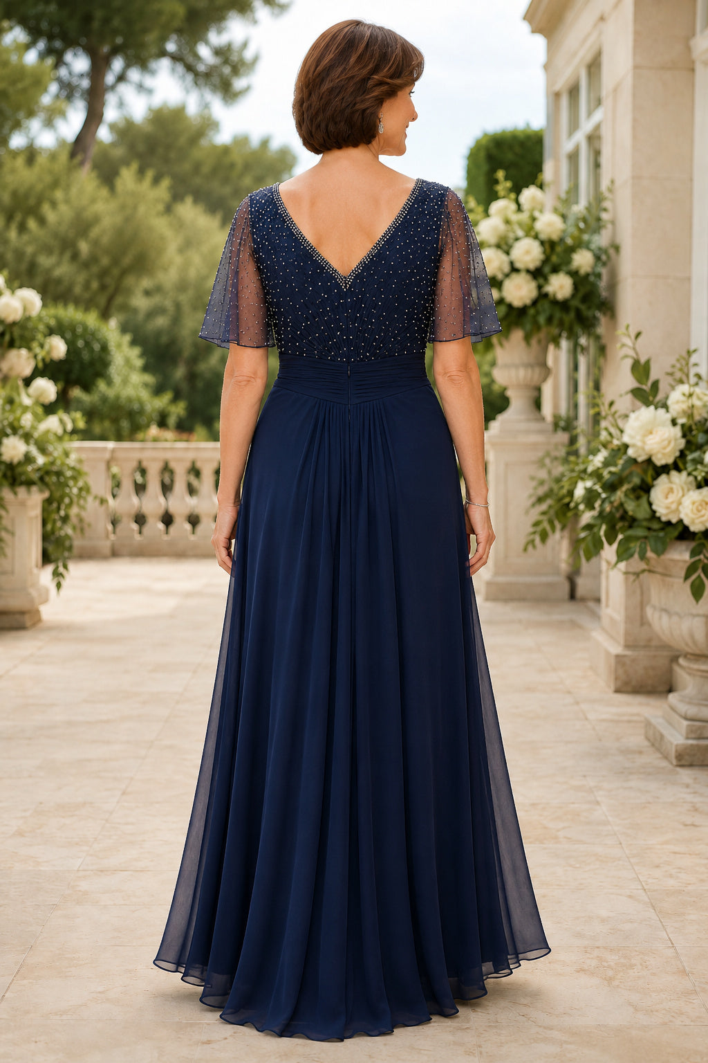 Dark Navy V-Neck A-Line Mother Dress with Flutter Sleeves and Beaded Waist for Evening Reception back view