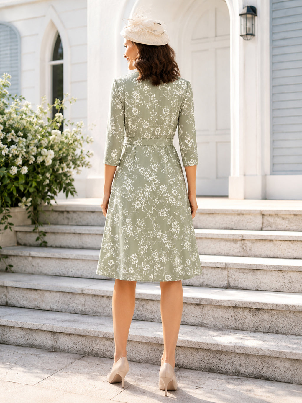 Sage Floral V Neck Three Quarter Sleeve Knee Length Church Dress back view