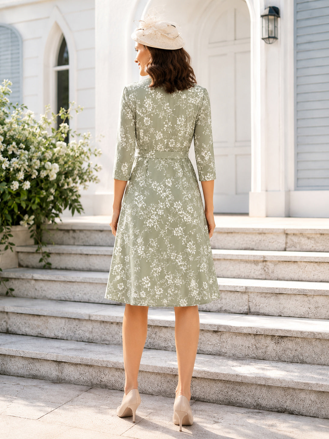 Sage Floral V Neck Three Quarter Sleeve Knee Length Church Dress back view