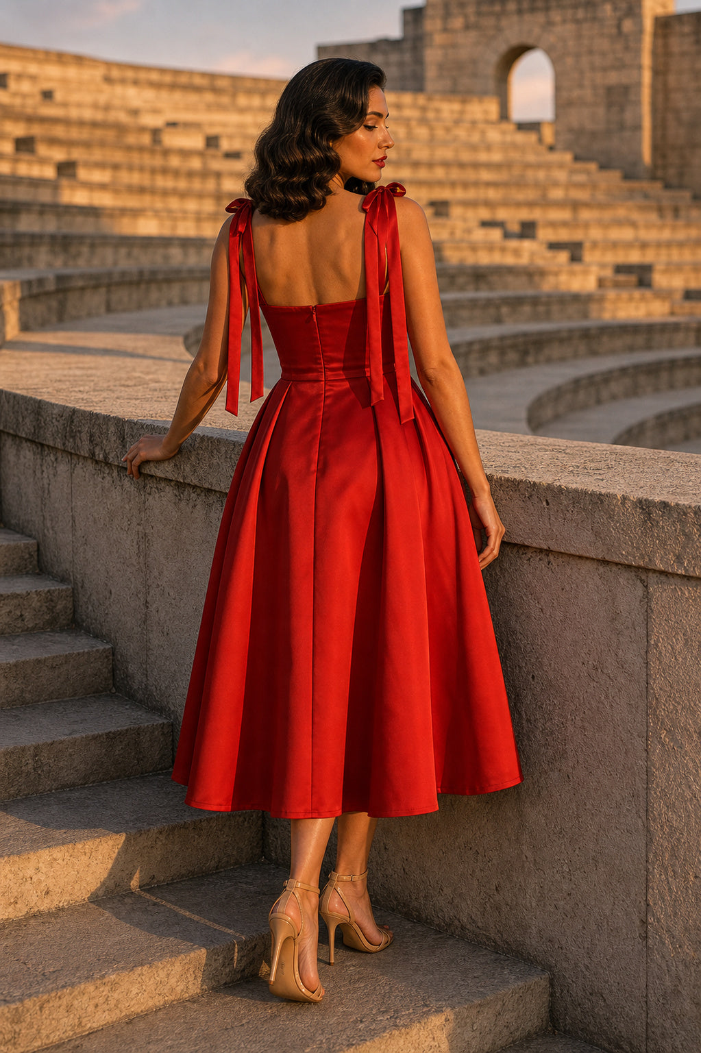Red V-neck Sleeveless A-Line Satin Tea-Length Dress With Bow Shoulder Ties