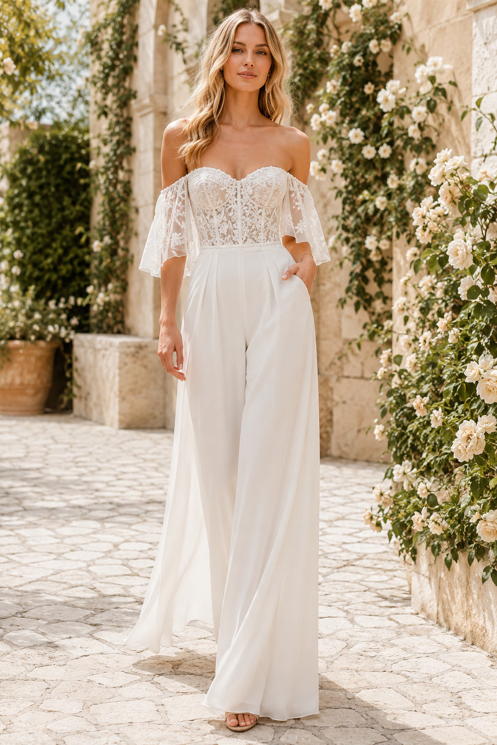 Ivory Off-the-Shoulder Sweetheart Flutter Sleeve Lace Satin Floor-Length Bridal Jumpsuit with Flutter Lace Bodice and Wide Le
