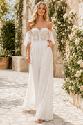 Ivory Off-the-Shoulder Sweetheart Flutter Sleeve Lace Satin Floor-Length Bridal Jumpsuit with Flutter Lace Bodice and Wide Le