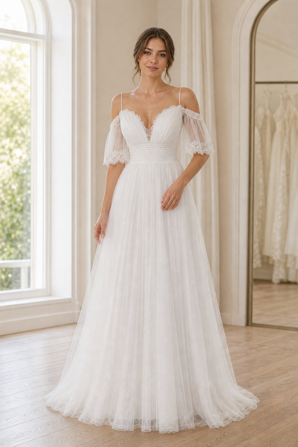 White Halter A-Line Satin Floor-length Wedding Dress With Pleated Skirt and Layered Skirt and Open Back