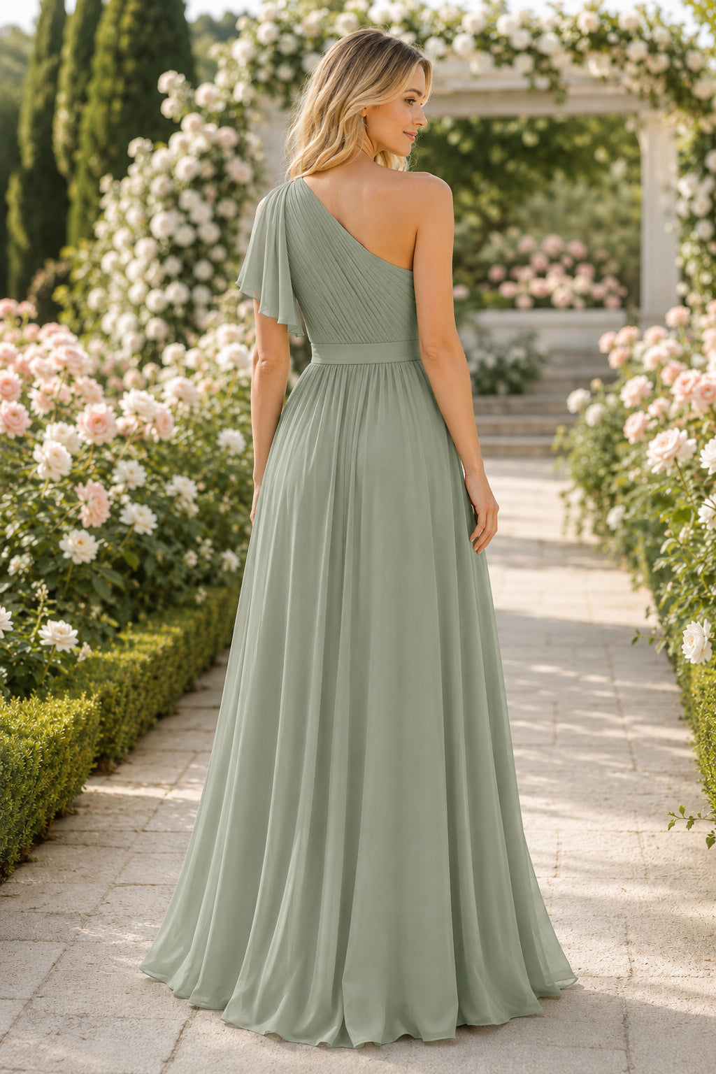 Sage One-Shoulder Chiffon A-Line Bridesmaid Dress with Draped Sleeve and Pleated Skirt back view