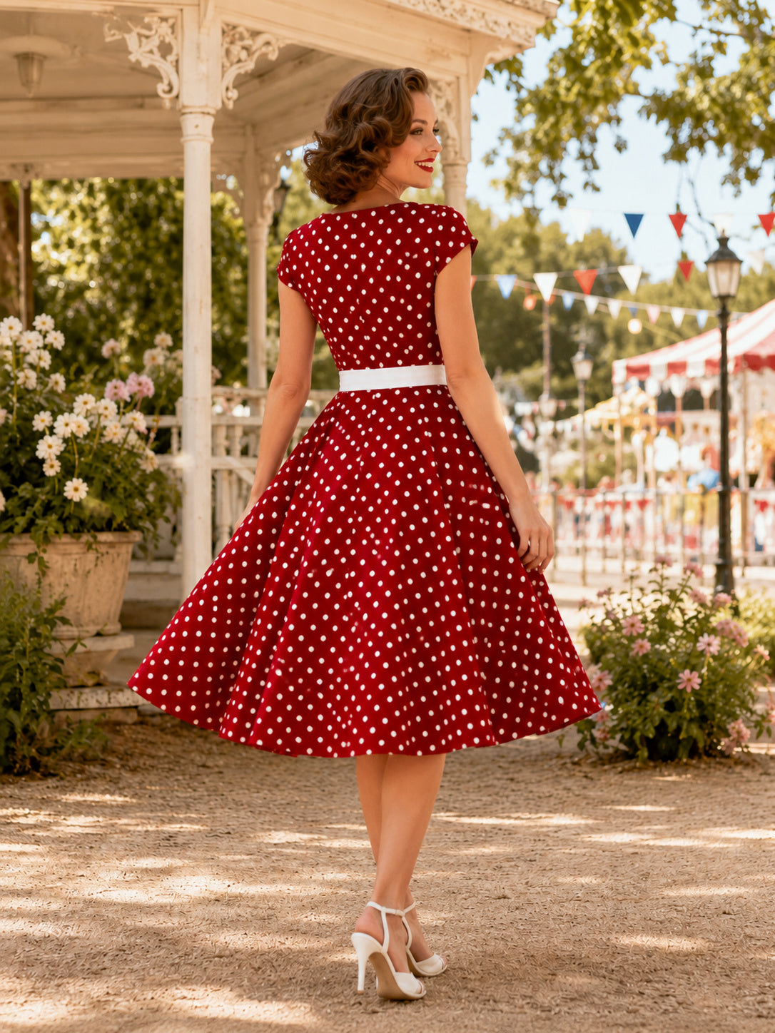 Vintage Red Polka Dot Bateau Cap Sleeve Bow Sash Satin Tea Length Cocktail Dress back view