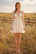 Ivory Long Sleeve Illusion Lace Tulle Mini Reception Dress for Wedding Reception and Party front view