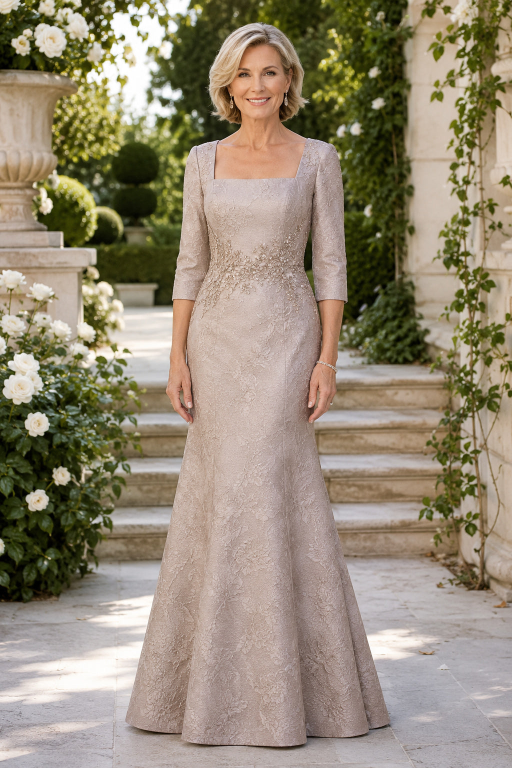 Taupe Bateau Mermaid Mother Dress with Three Quarter Sleeves and Lace Bodice for Evening Reception front view