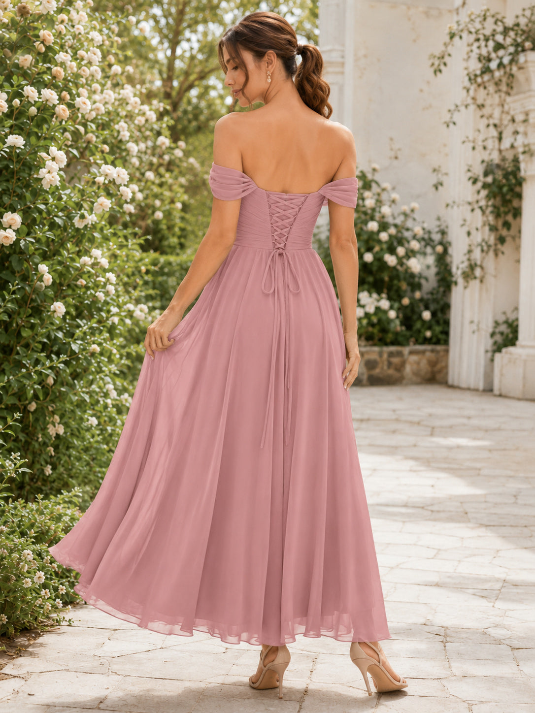 Dusty Rose Lace-up Back Chiffon Midi Dress back view