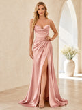 Blush Spaghetti Cowl Neck Draped Satin Sheath Sweep Train Slit Graduation Dress front view