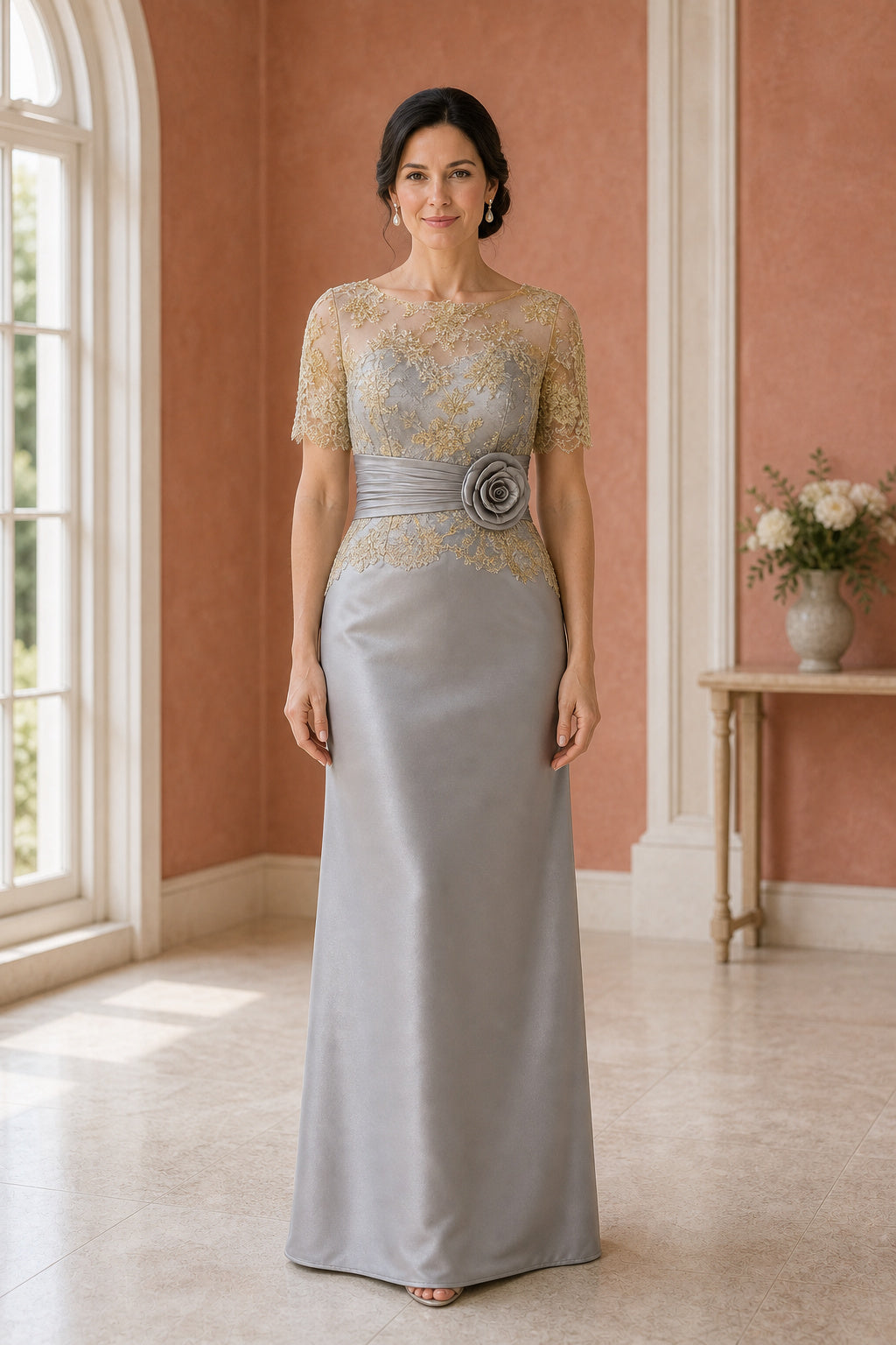 Silver Bateau Cap Sleeve Sheath Satin Floor-Length Dress With Beaded Waist